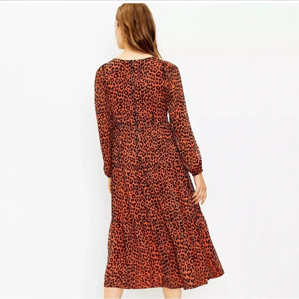 Loft Petite Leopard Print Tiered V-Neck Midi Long Sleeve Dress‎ Size 6 #211 - Picture 3 of 11